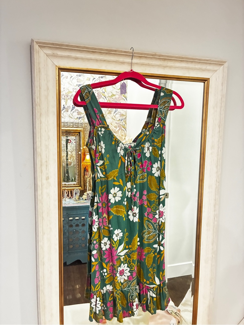 Angie Tropical Green Floral Boho Mini Dress Open Back Size S